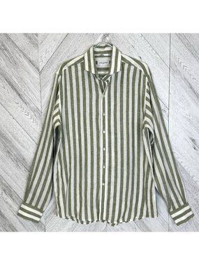 John Henric Sweden 100% Linen Long Sleeve Shirt Green Striped 16.5/42 Large